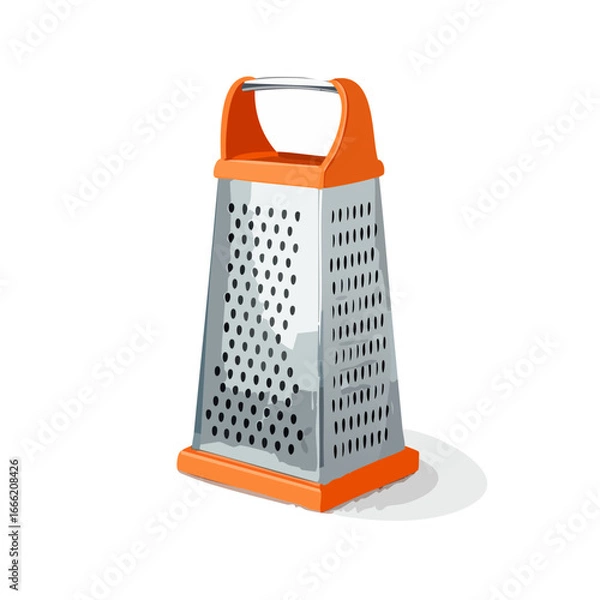 Obraz Kitchen grater illustration, food preparation utensil, culinary tool, metal grater with orange handle on black