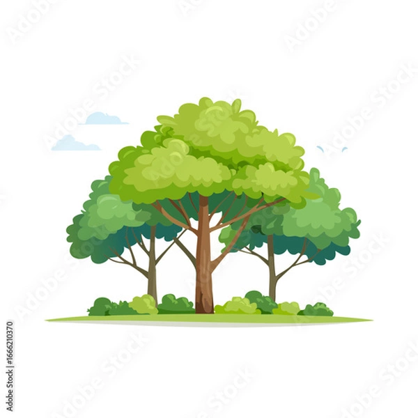 Obraz Illustration of Trees with Green Foliage and Bushes on Green Patch of Land with White Clouds