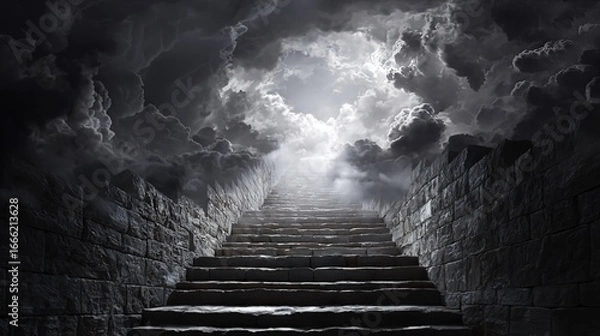 Fototapeta "Heavenly Stairs in Ancient Jerusalem Style! Stone Steps & Clouds with Divine Light, Symbolizing Jesus' Resurrection & Hope"