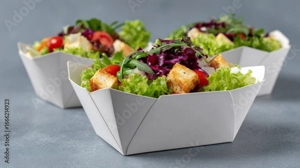 Fototapeta Crisp croutons and vibrant greens frolic in white boxes, whispering picnic dreams, Vegan Oktoberfest delight, urban foraging