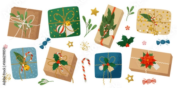 Fototapeta Christmas gifts. DIY craft present boxes in wrapping paper with thread bows and branches. Flat vector illustrations