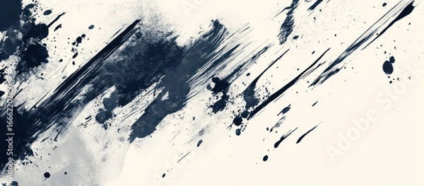 Fototapeta Abstract dark blue ink splatters and brush strokes on white background.