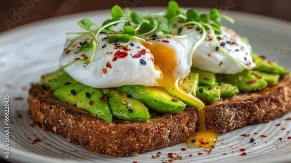 Fototapeta Delicious Avocado Toast with Poached Eggs and Sprouts on Plate