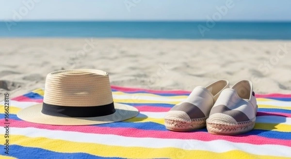 Obraz Beach essentials on colorful towel: Straw hat and espadrille shoes. Summer vacation relaxation concept. Seaside leisure accessories with sand and sea view. Holiday packing idea.