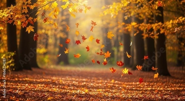 Obraz Golden leaves falling in sunlight, autumn season. Autumn maple leaves in vibrant orange and red hues falling. Autumn leaves falling in park. High quality