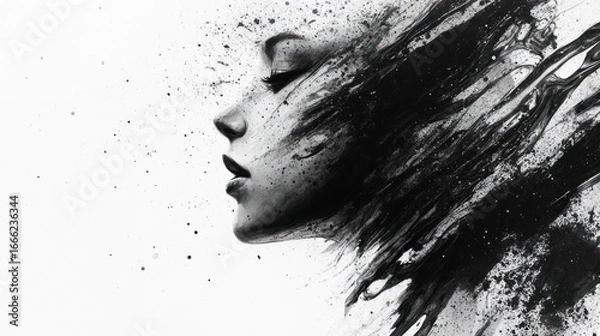 Fototapeta Abstract monochrome portrait of a woman's face with flowing, dynamic black strokes and splatters.