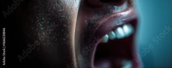 Fototapeta Person expressing strong emotions with mouth open, dramatic lighting highlighting facial features