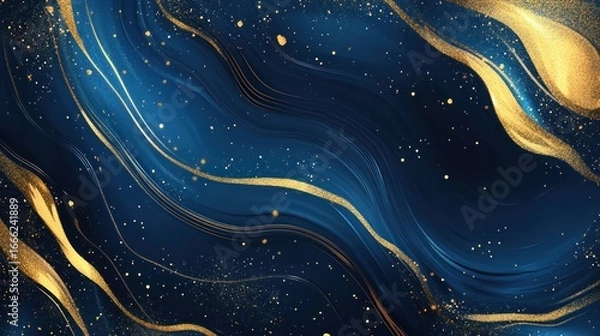 Fototapeta Abstract blue and gold marble texture with glitter.
