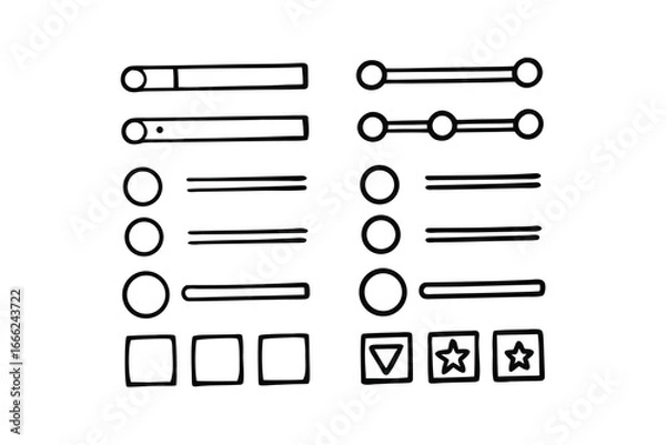 Obraz Minimalist UI Wireframe Icon Set – Black Line Art, Buttons, Toggles & Sliders