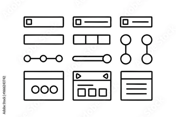 Obraz Minimalist UI Wireframe Icon Set – Black Line Art, Buttons, Toggles & Sliders