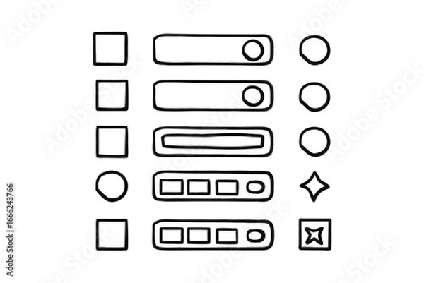Obraz Minimalist UI Wireframe Icon Set – Black Line Art, Buttons, Toggles & Sliders