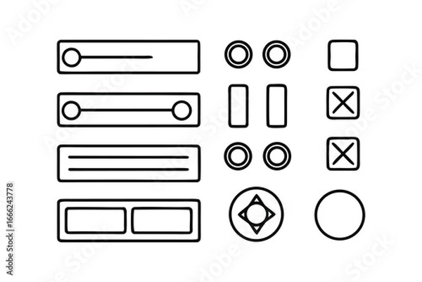 Obraz Minimalist UI Wireframe Icon Set – Black Line Art, Buttons, Toggles & Sliders