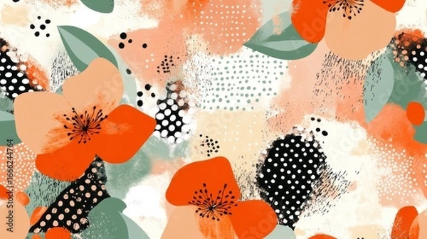 Fototapeta Abstract floral seamless pattern with peach and orange flowers, green leaves, and textured background.