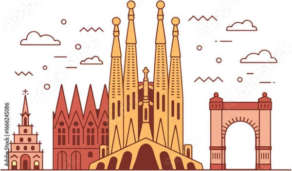 Obraz Barcelona skyline outline illustration with Sagrada Familia and Arc de Triomf spain architecture