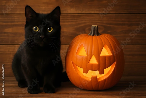 Fototapeta A black cat with an Orange pumpkin on Halloween on a rustic wooden background. A postcard for the holiday. 