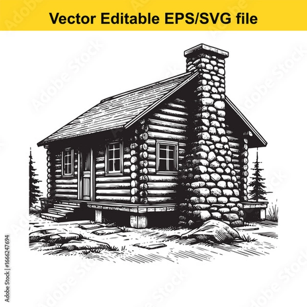 Fototapeta Rustic log cabin with stone chimney in a forest setting