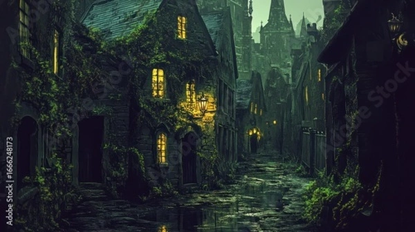 Fototapeta Enchanting, ivy-covered medieval street at night with glowing windows and a reflective, wet cobblestone lane.