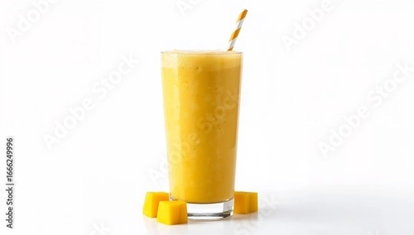 Fototapeta Tall Glass of Mango Smoothie with Straw and Mango Chunks on White Surface Representing Tropical Freshness, Healthy Nutrition, and Summer Vibes — Created with Generative AI