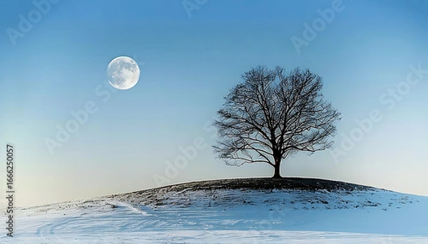 Obraz Solitary Tree on Snowy Hill Under a Winter Moon