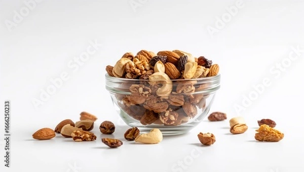 Fototapeta A glass bowl filled with mixed nuts, including almonds, Cashews, Walnuts, Pecans, and hazelnuts, on a white surface, representing healthy snacking and Natural nutrition—Generative AI