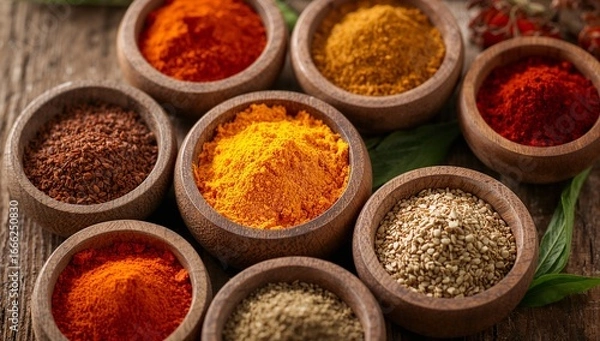 Fototapeta Assorted Ground Spices in Wooden Bowls on Rustic Surface with Leaves and Peppercorns Representing Culinary Diversity, Natural Ingredients, and Global Flavor — Generative AI