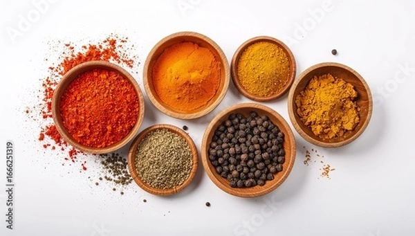 Fototapeta Six Wooden Bowls Filled with Assorted Spices in Circular Arrangement on White Surface Representing Culinary Diversity, Natural Ingredients, and Flavorful Cooking — Generative AI