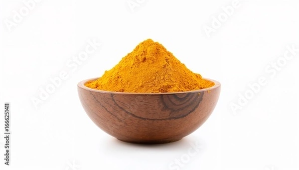 Fototapeta Wooden Bowl Filled with Bright Yellow Turmeric Powder Representing Natural Healing, Culinary Spice, Wellness, and Traditional Remedies—Created with Generative AI