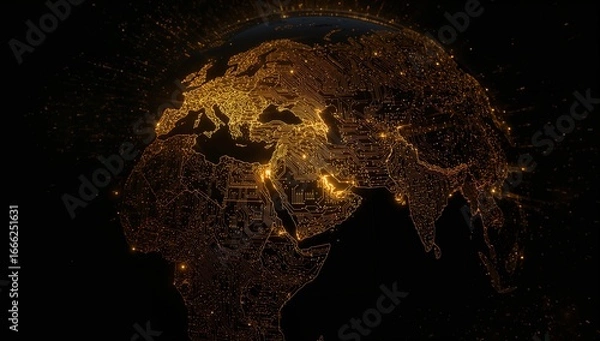 Fototapeta Stylized Map of Europe, Middle East, and Africa with Glowing Urban Networks Representing Global Connectivity, Infrastructure, and Geographic Distribution — Generative AI