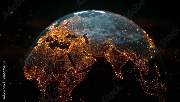 Fototapeta Stylized Earth from Space with Illuminated Networks Across Europe, Middle East, and Asia Representing Global Connectivity, Urbanization, and Technological Infrastructure — Generative AI
