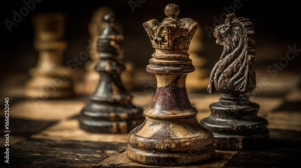 Fototapeta A chess game in progress on a classic board with strategically placed pieces highlighting critical thinking and strategy