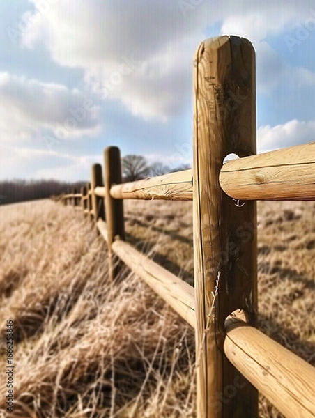Obraz Tan Wooden Fence in Dry Grass Field Under a Sunny Sky