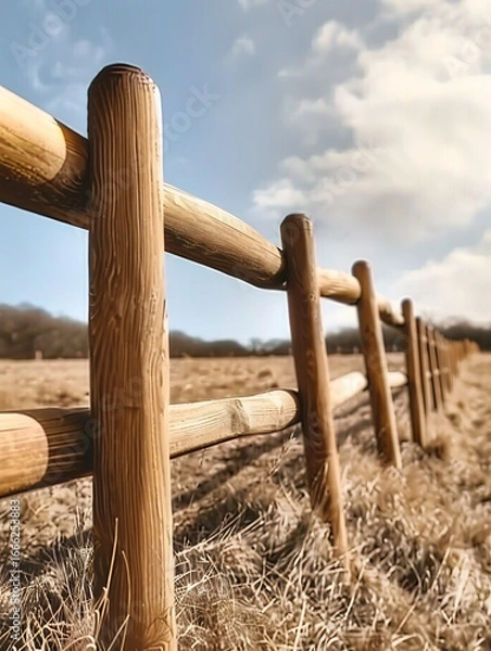 Obraz Tan Wooden Fence in Dry Grass Field Under a Sunny Sky
