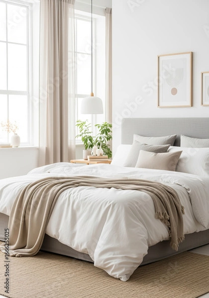 Fototapeta Bright cozy bedroom with soft tones and large windows
