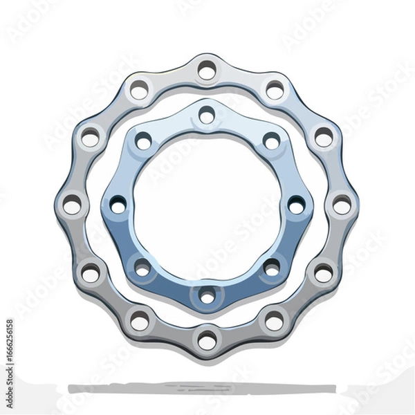 Fototapeta Chain links circular pattern design Technical equipment mechanical part. Interlocking metal pieces for machinery bicycle or motorcycle construction.