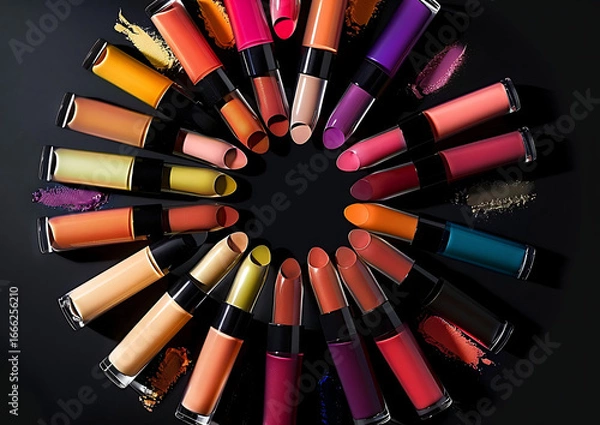 Obraz  Colorful Nail Polish Bottles in Circular Rainbow Arrangement on Black Background