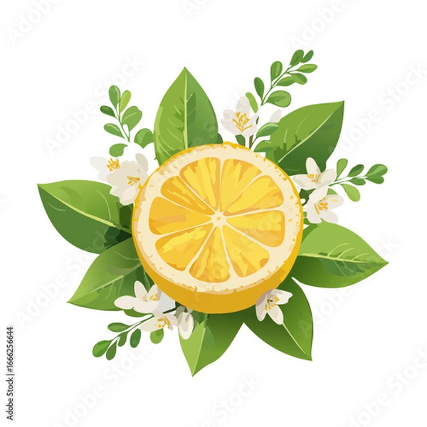Fototapeta Lemon slice with leaves and blossoms illustration. Fresh citrus fruit design element for summer and healthy lifestyle themes.