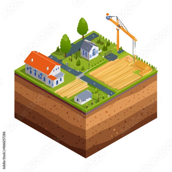 Fototapeta Isometric view of new construction site with houses trees roads and crane on cross-section of land in black background