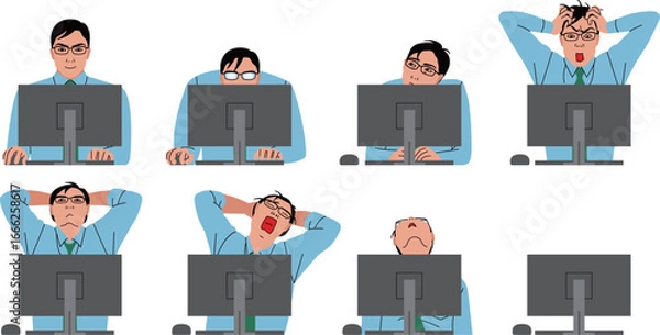 Obraz コンピューターで仕事するビジネスマン。デスクトップパソコンと男性の上半身のイラスト