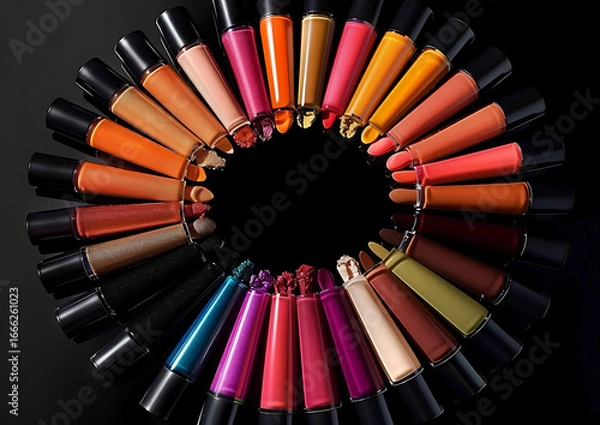 Obraz  Colorful Nail Polish Bottles in Circular Rainbow Arrangement on Black Background