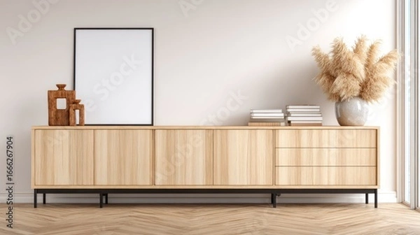 Fototapeta Minimalist Wooden Sideboard with Decor Items and Potted Plant in Bright Modern Interior