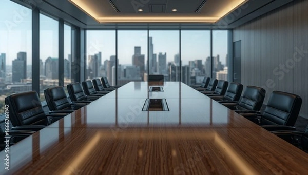 Fototapeta Sleek modern conference room with long wooden table, leather executive chairs, panoramic glass windows overlooking city skyline, high-resolution interior, Generative AI
