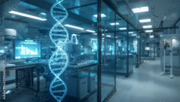 Fototapeta High-tech biotechnology laboratory with glowing DNA strands and futuristic digital screens showing genome research in blue tones, ultra-HD science innovation, Generative AI