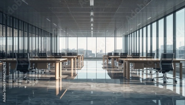 Fototapeta Modern minimalist corporate office interior with glass walls, ergonomic chairs, and sunlight reflections on polished floors, high-resolution workplace design, Generative AI
