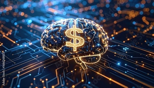 Obraz Mindful Finance: An artistic illustration of a human brain, intricately interwoven with financial circuits, boldly displays a prominent dollar sign at its core.