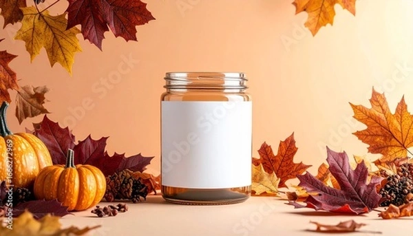 Fototapeta Autumn-themed still life featuring a clear glass jar with a blank label, surrounded by colorful fall leaves and pumpkins.
