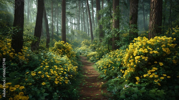 Fototapeta A serene forest path lined with vibrant yellow flowers and tall trees, bathed in soft morning light.
