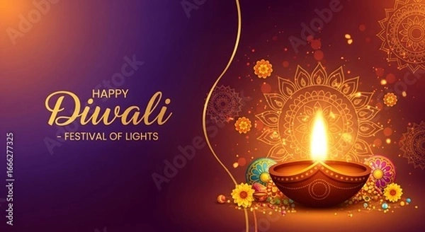 Fototapeta Happy Diwali greeting with glowing diya lamp and colorful floral decorations on elegant purple and orange background, symbolizing prosperity, joy, and celebration of the festival of lights