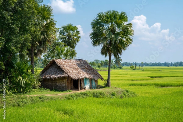 Fototapeta A small thatched hut nestled amidst lush green rice fields on a sunny day