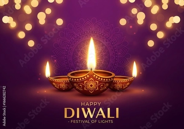 Fototapeta Golden Diwali oil lamps glowing on purple background with festive bokeh lights, symbolizing joy, prosperity, and tradition during the Indian festival of lights