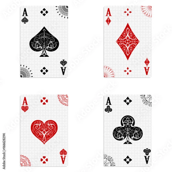 Fototapeta Zestaw czterech asów z talii kart do gry w pokera i kasyno na białym tle w stylu vintage. pik, karo, trefl i kier.